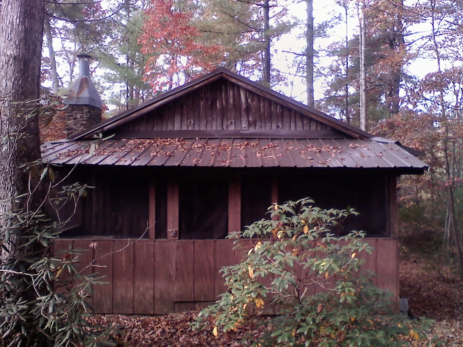 Metal roof over the screened porch of a rustic cabin in Neihart