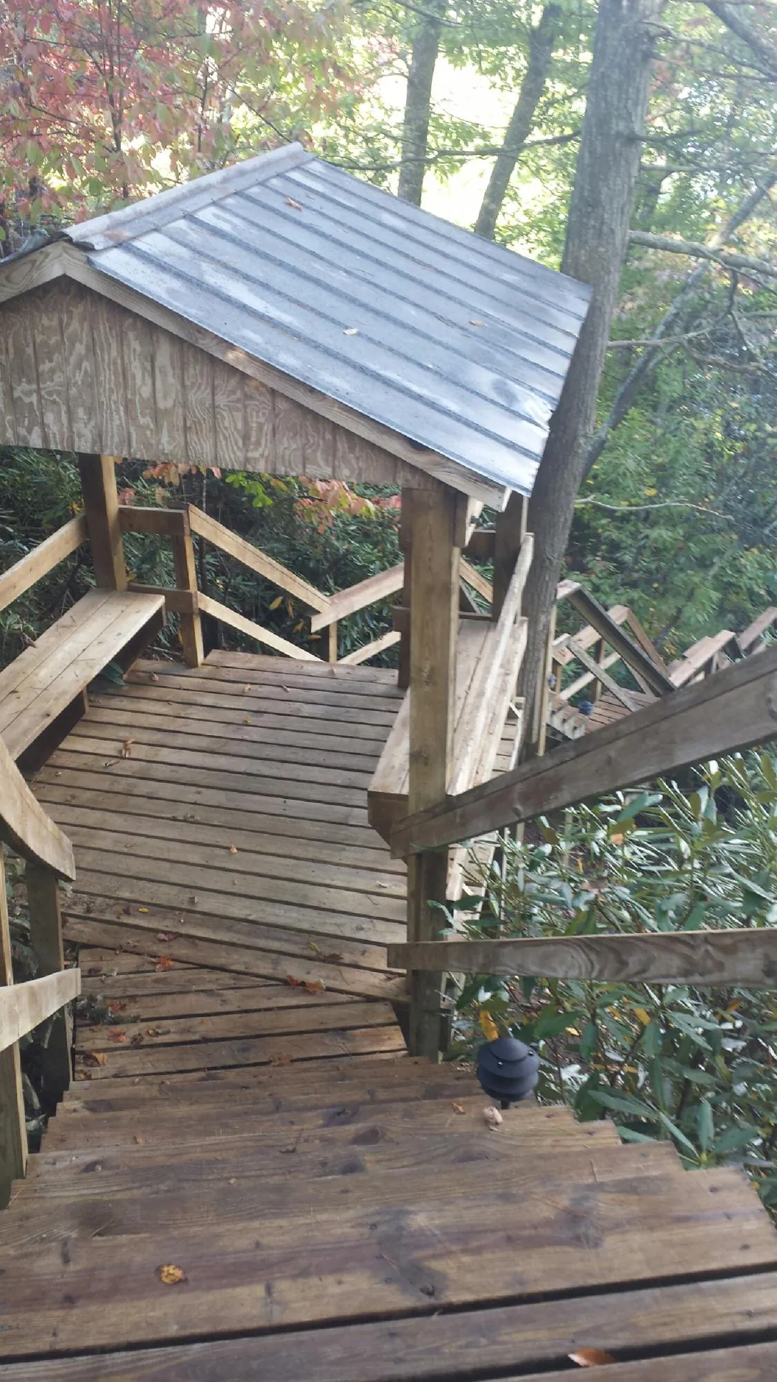 Metal roofed shelter over wooden steps on a wooded walkway — Skylight Repair & Installation work by our crew in Neihart